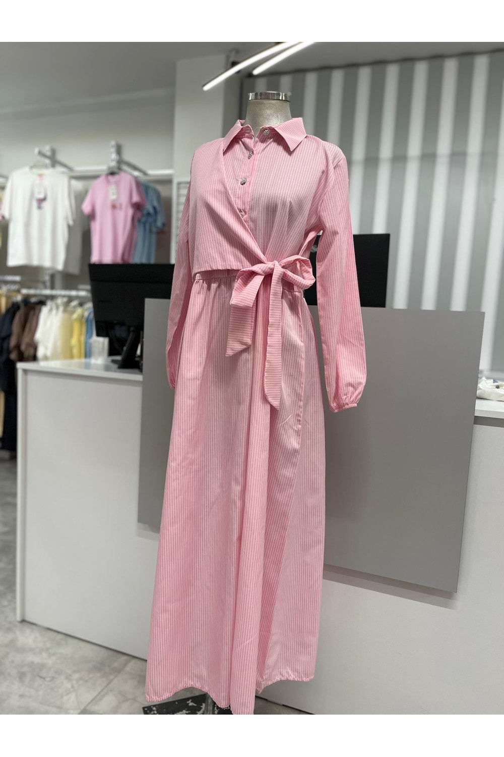 Çizgili Yan Bağlamalı Elbise 2390 - Pembe - S-M