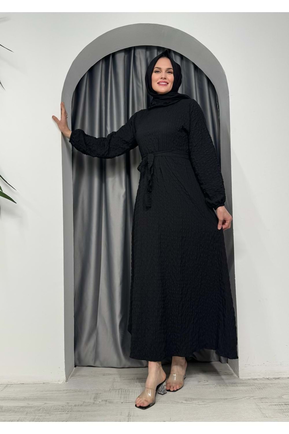 Gofre Kumaş Elbise 9985 - Siyah - 50-52