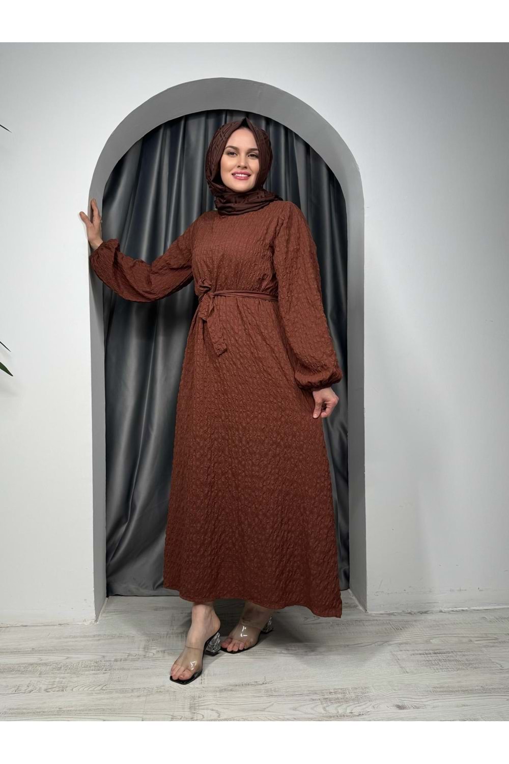 Gofre Kumaş Elbise 9985 - Acı Kahve - 42-44