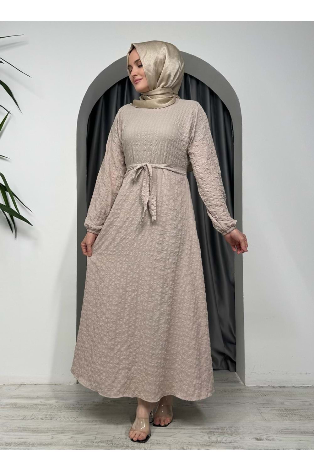 Gofre Kumaş Elbise 9985 - Bej - 50-52