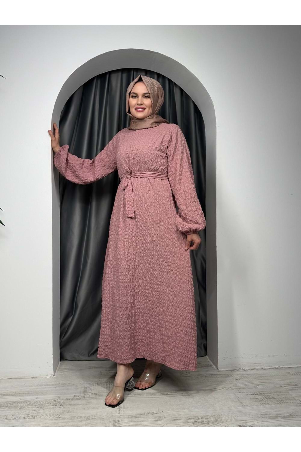 Gofre Kumaş Elbise 9985 - Gül - 42-44