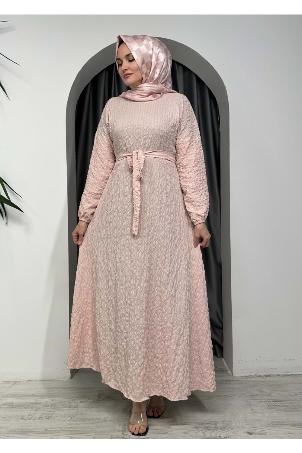 Gofre Kumaş Elbise 9985 - Pudra - 50-52