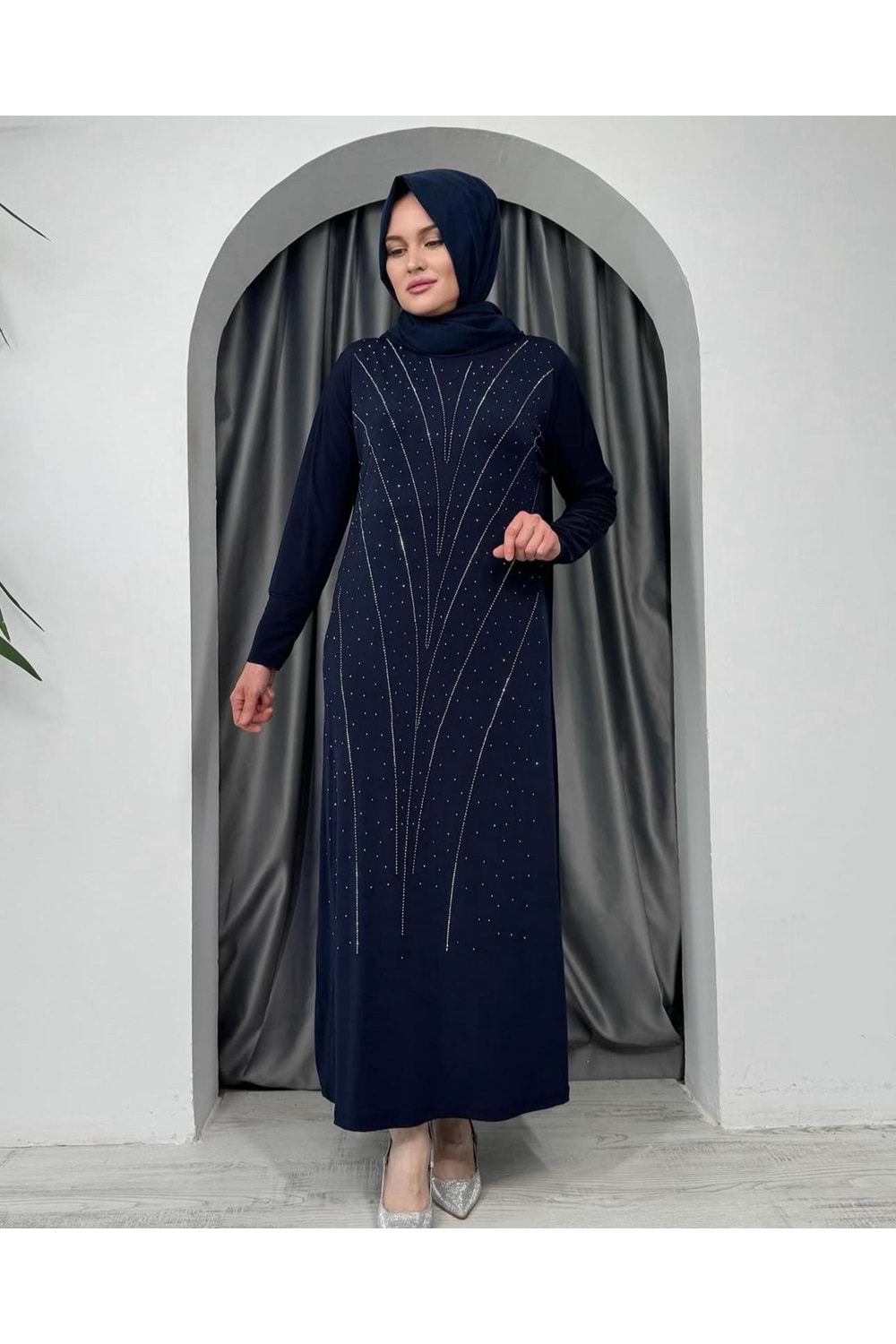 Önü Pullu Sendy Elbise 8656 - Lacivert - 42-44