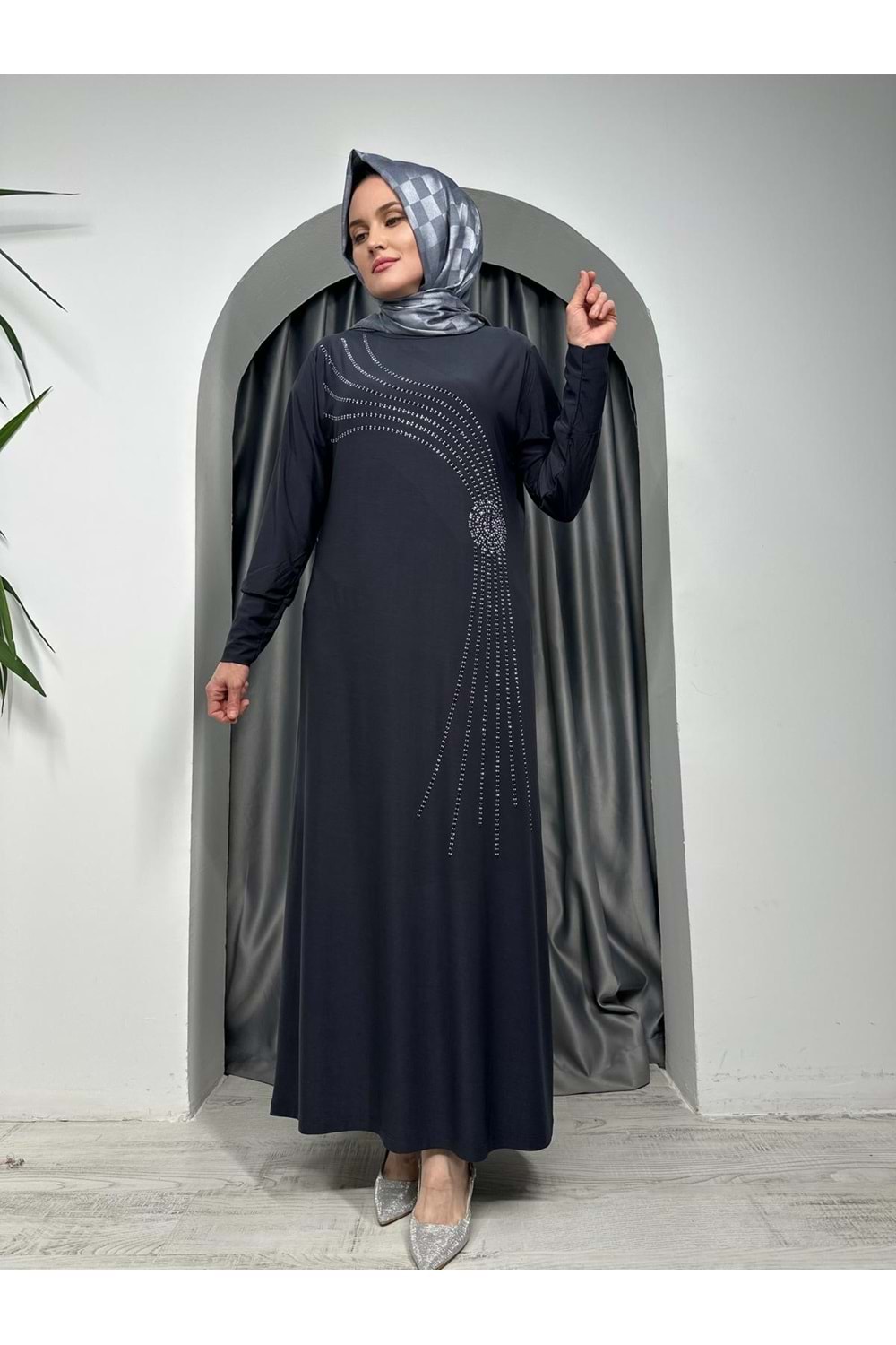 Sarmaşık Desen Sendy Elbise - Füme - 50-52