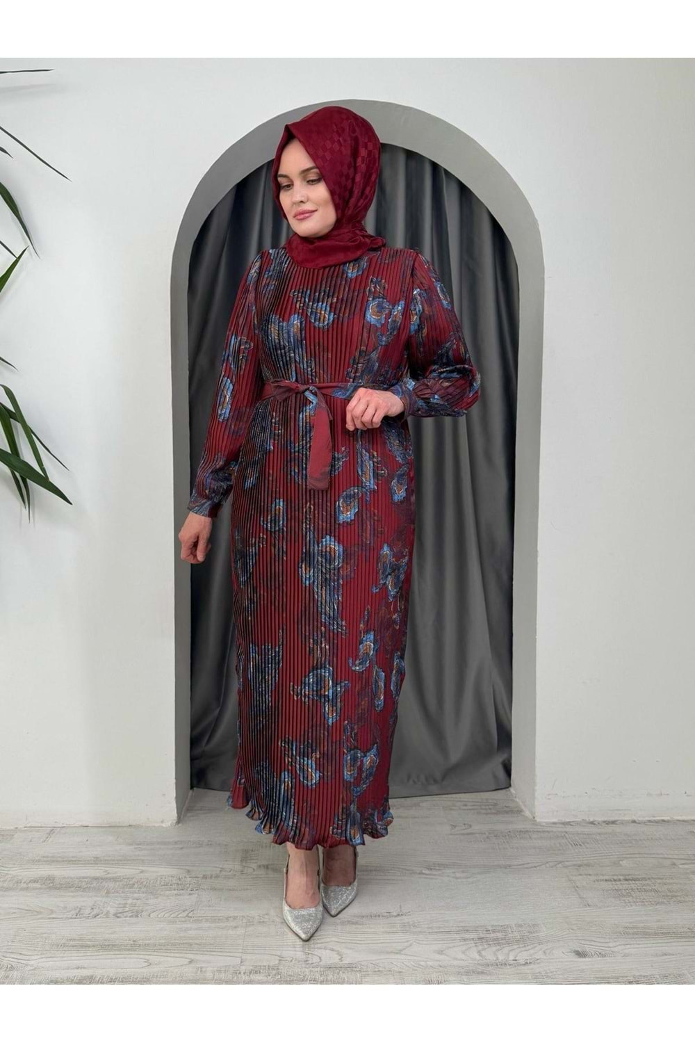 Piliseli Saten Elbise 23500 - Bordo - 40