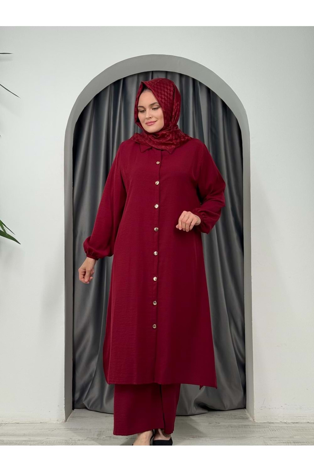 Uzun Tunikli İkili Takım 5627 - Bordo - 38-40