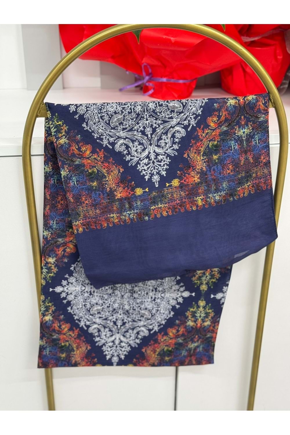 Etnik Desen Soft Şal 9630 - Lacivert - TEK BEDEN