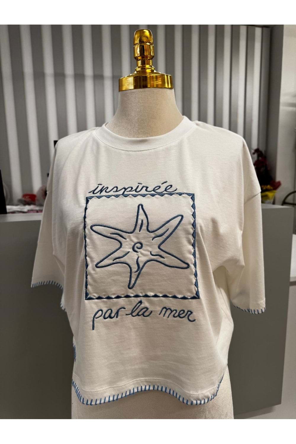 Yıldız Baskılı Kol Detaylı T-Shirt 10541 - Beyaz - L