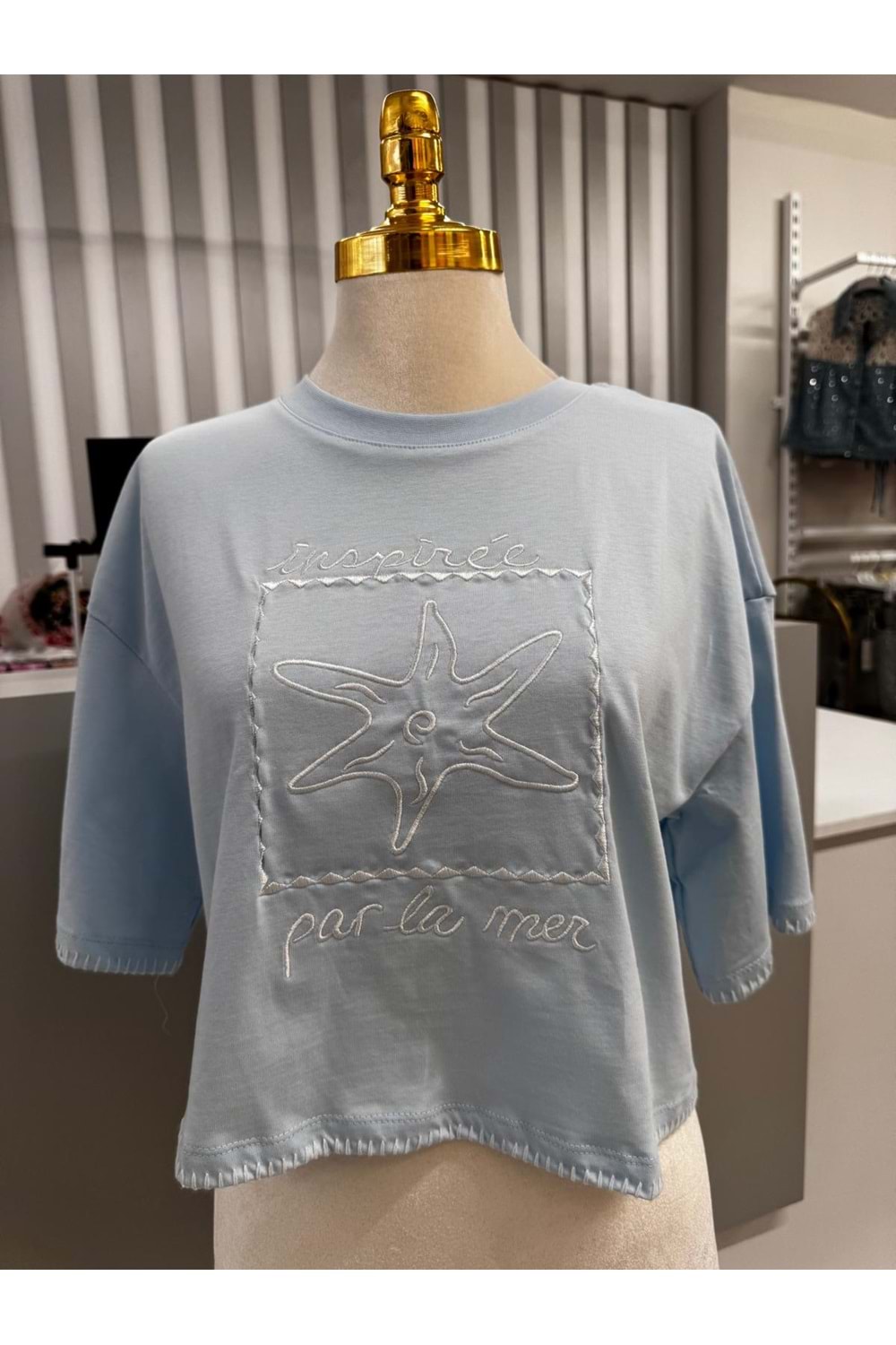 Yıldız Baskılı Kol Detaylı T-Shirt 10541 - Mavi - L