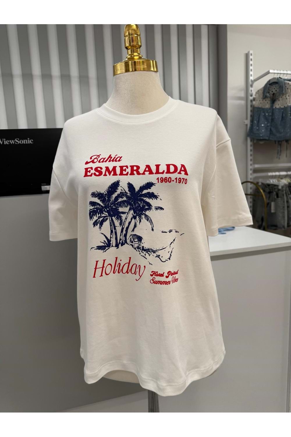 Palmiye Baskı T-shirt 10637 - Beyaz - L