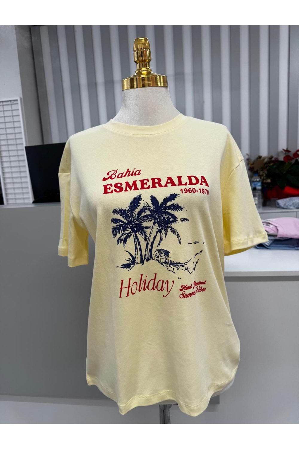 Palmiye Baskı T-shirt 10637 - Sarı - L