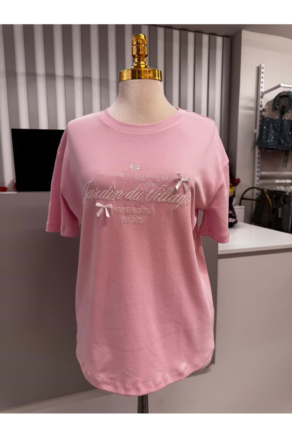 Kurdele Detaylı T-shirt 10308 - Pembe - L