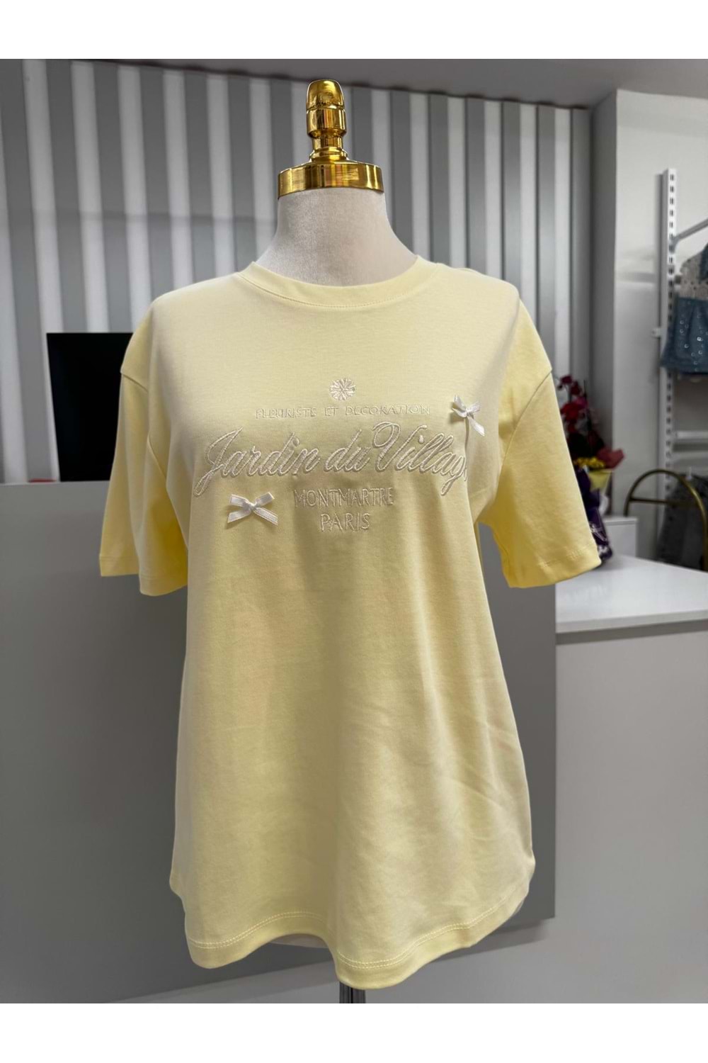 Kurdele Detaylı T-shirt 10308 - Sarı - L