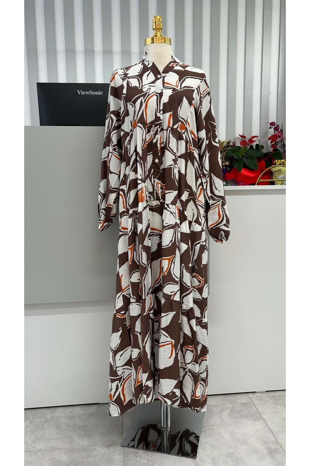 Yaprak Desen Elbise 2372 - Kahve Rengi - L-XL