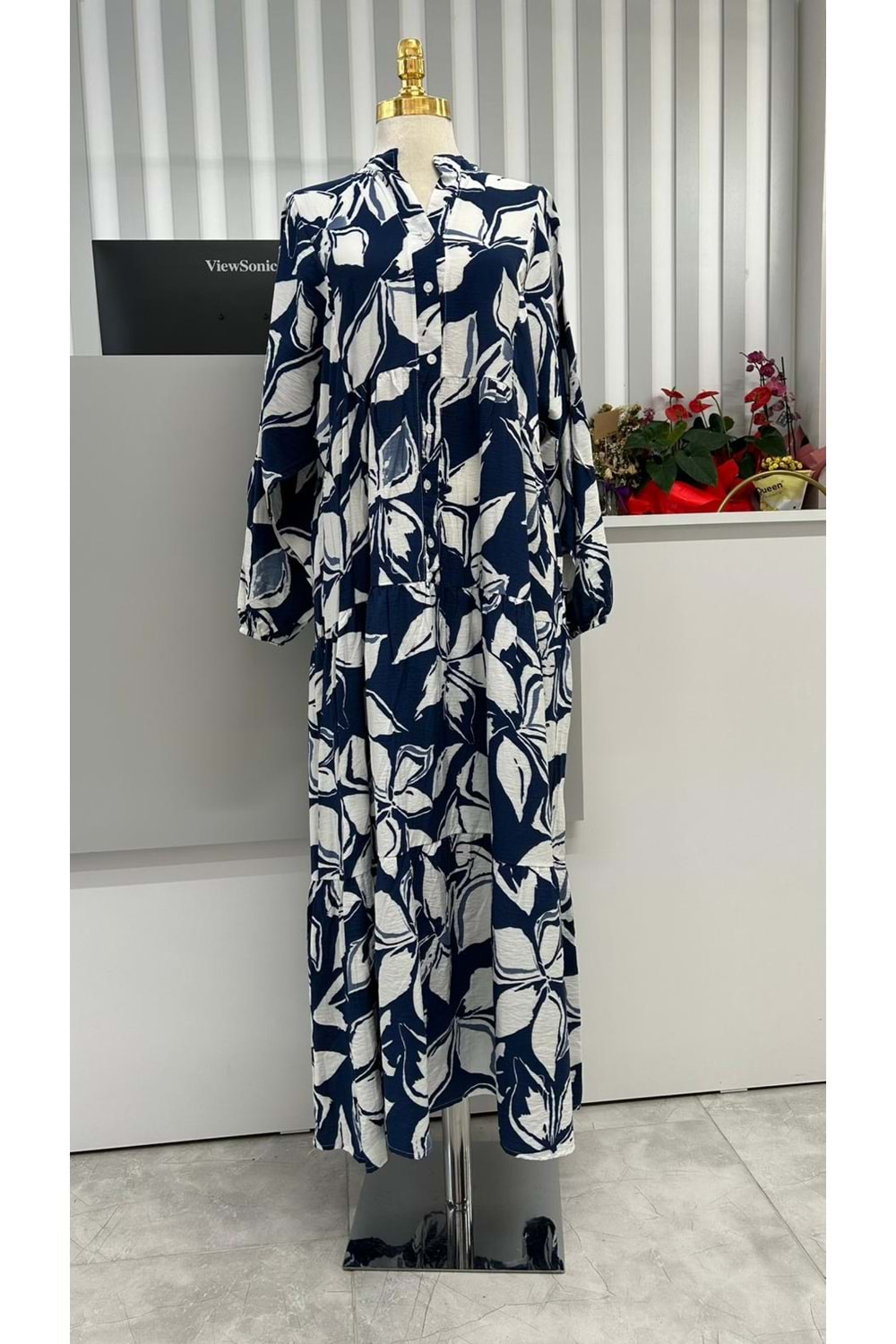Yaprak Desen Elbise 2372 - Lacivert - L-XL
