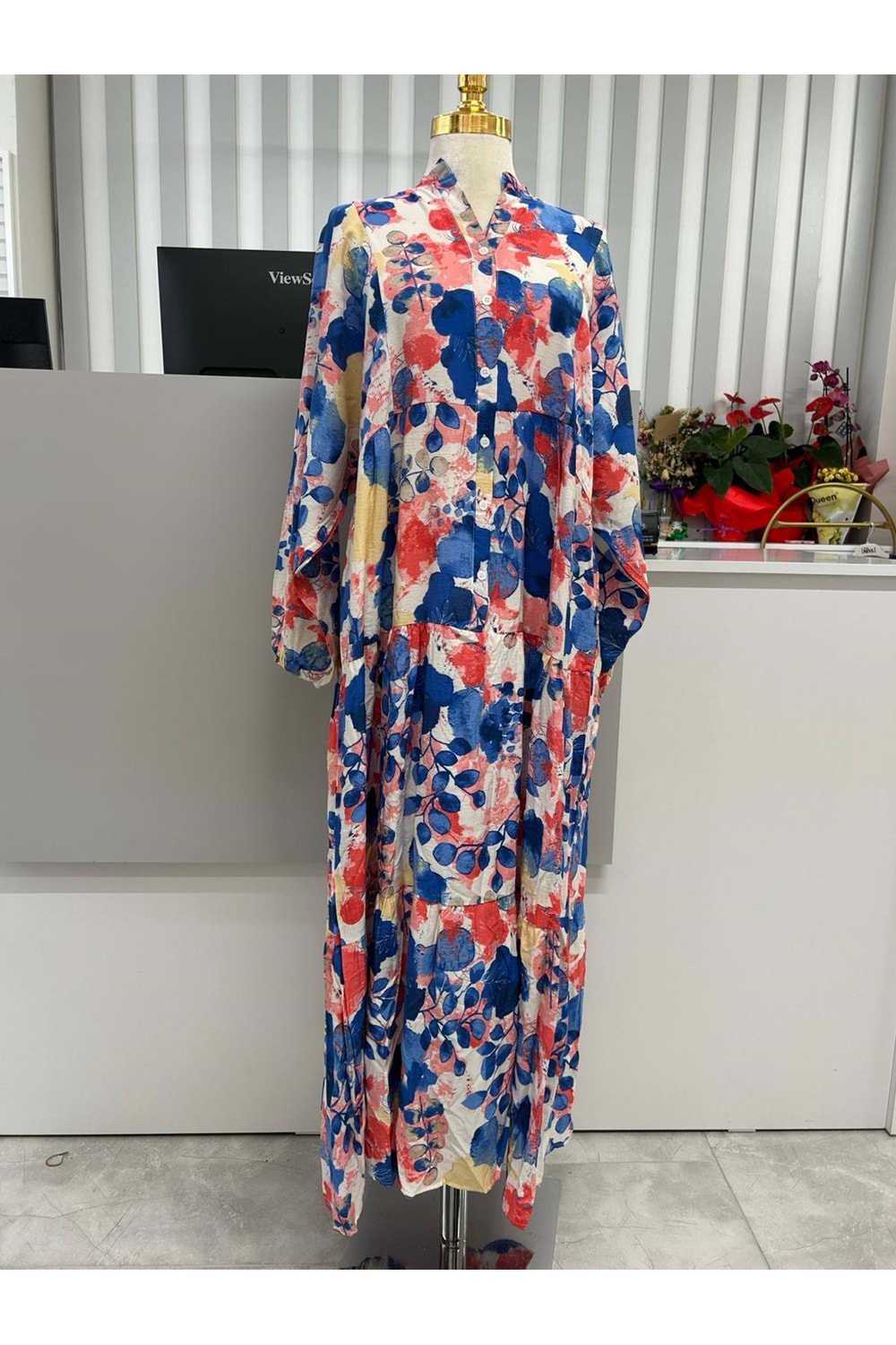 Yaprak Desen Elbise 2372 - Saks Mavi - L-XL