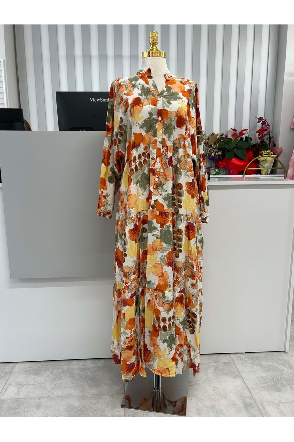 Yaprak Desen Elbise 2372 - Turuncu - L-XL