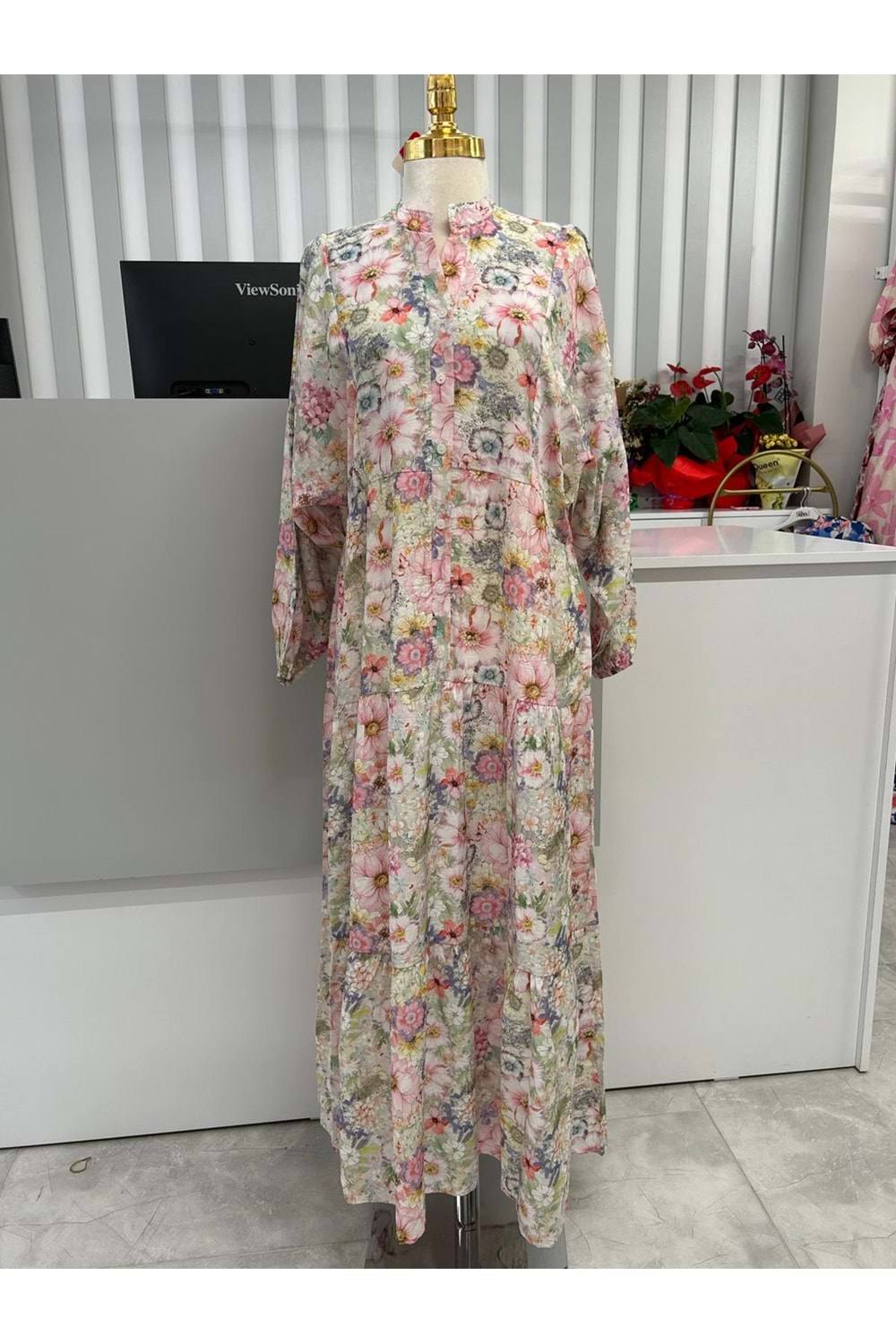 Serpme Çiçekli Elbise 2398 - Pembe - L-XL
