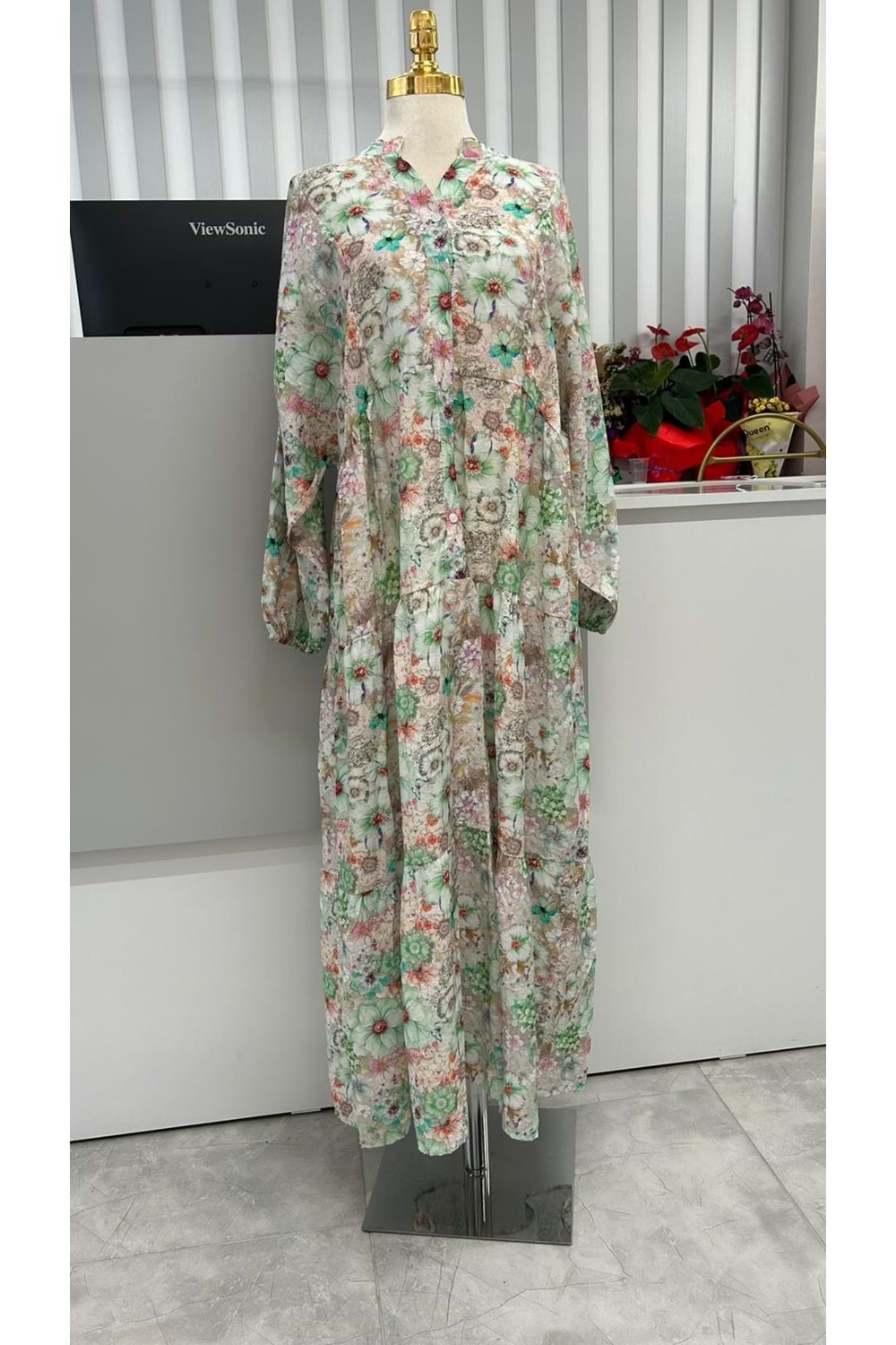 Serpme Çiçekli Elbise 2398 - Yeşil - L-XL