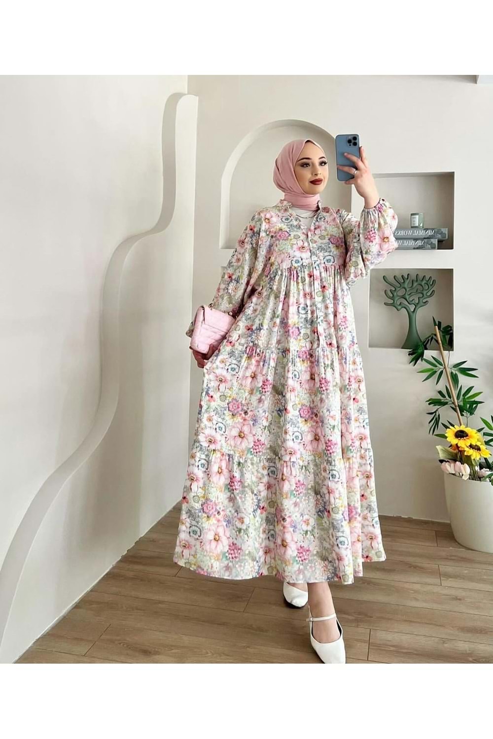 Serpme Çiçekli Elbise 2398 - Yeşil - S-M