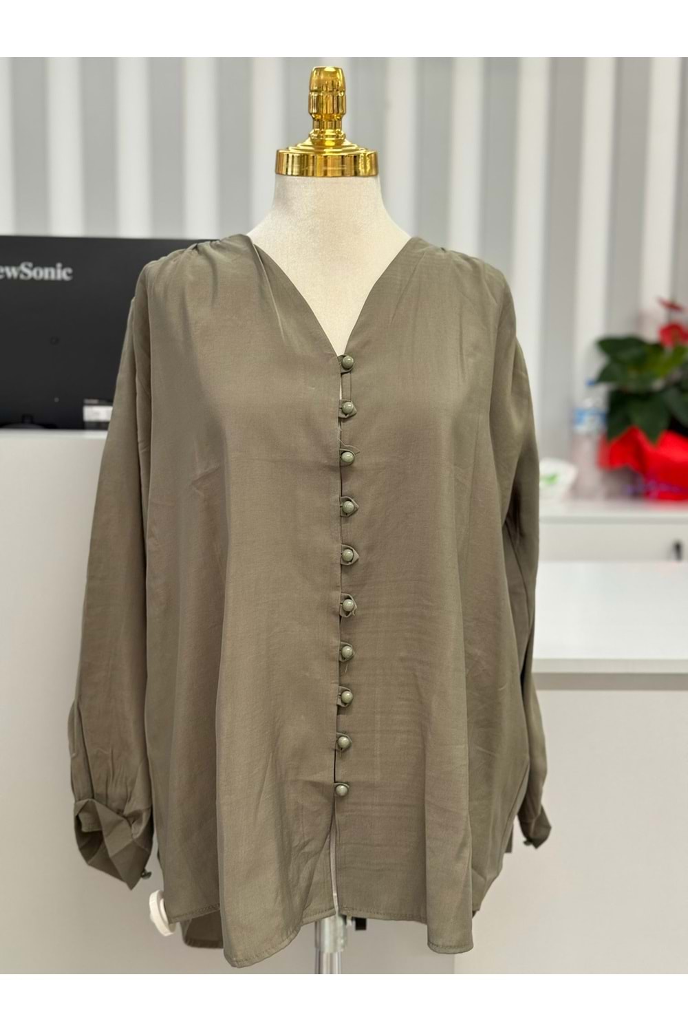 Omuz Büzgülü Modal Kumaş Gömlek 251063 - Mint Yeşili - S