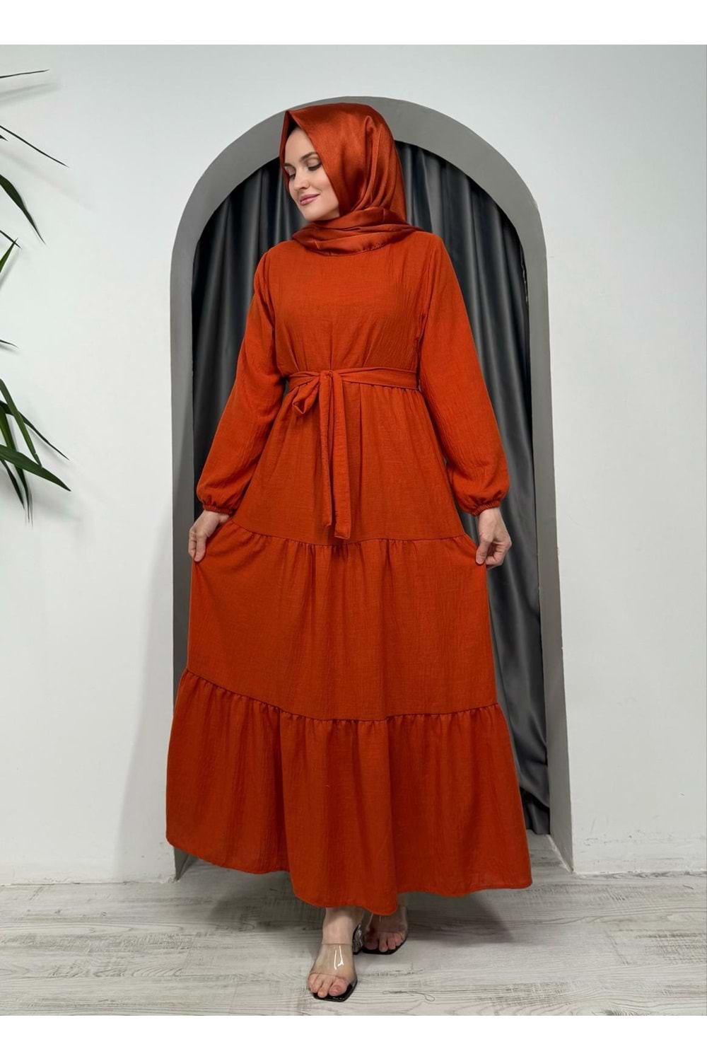 Kat Kat Keten Elbise 1785 - Kiremit - 50-52