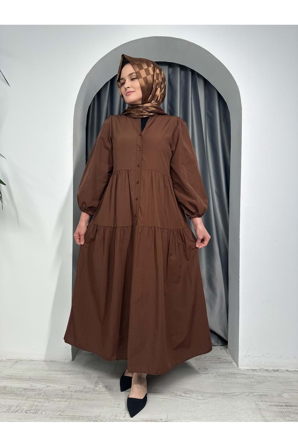 Trikoton Elbise 7118 - Kahve Rengi - 42-44