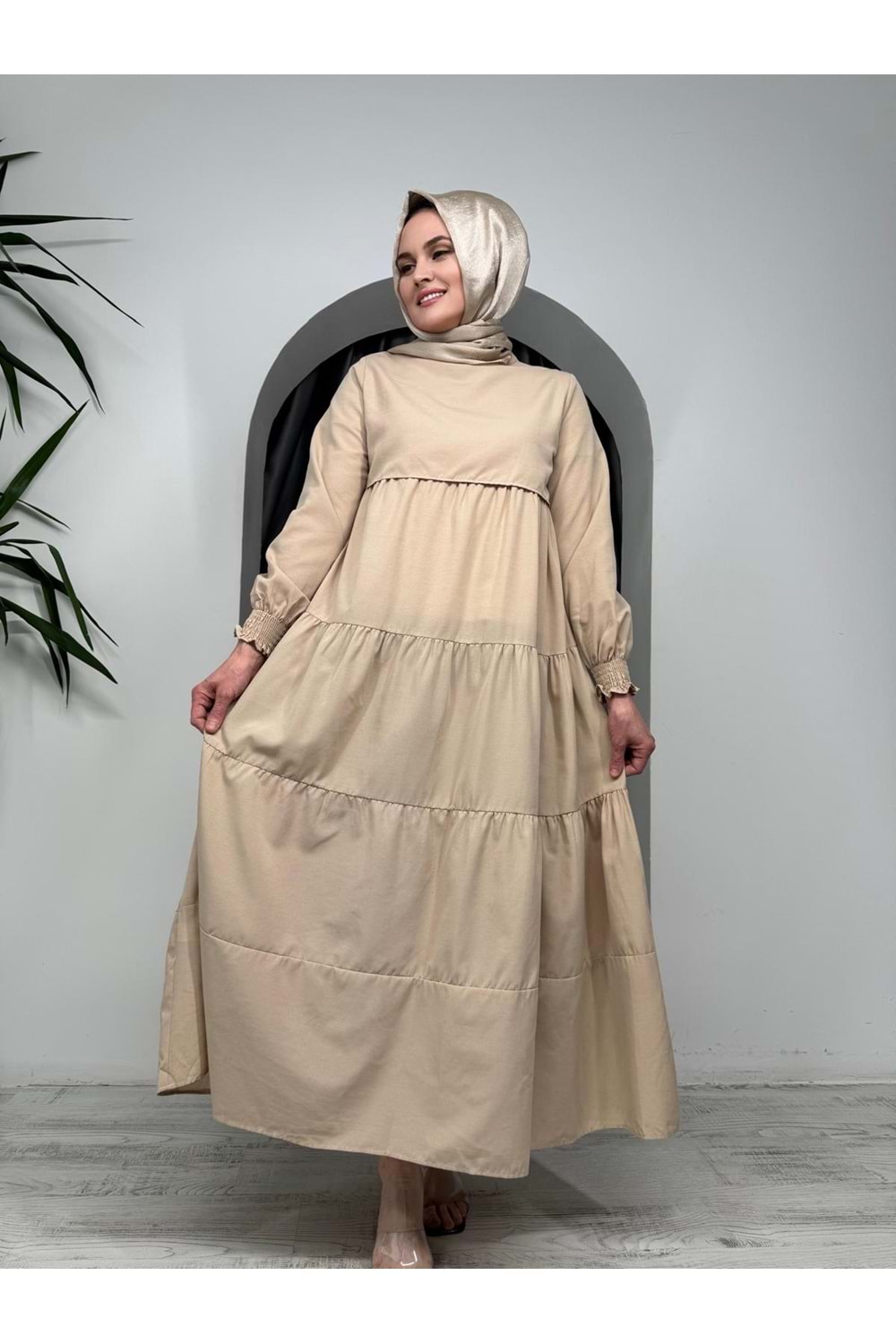 Drapeli Elbise 4749 - Bej - 38