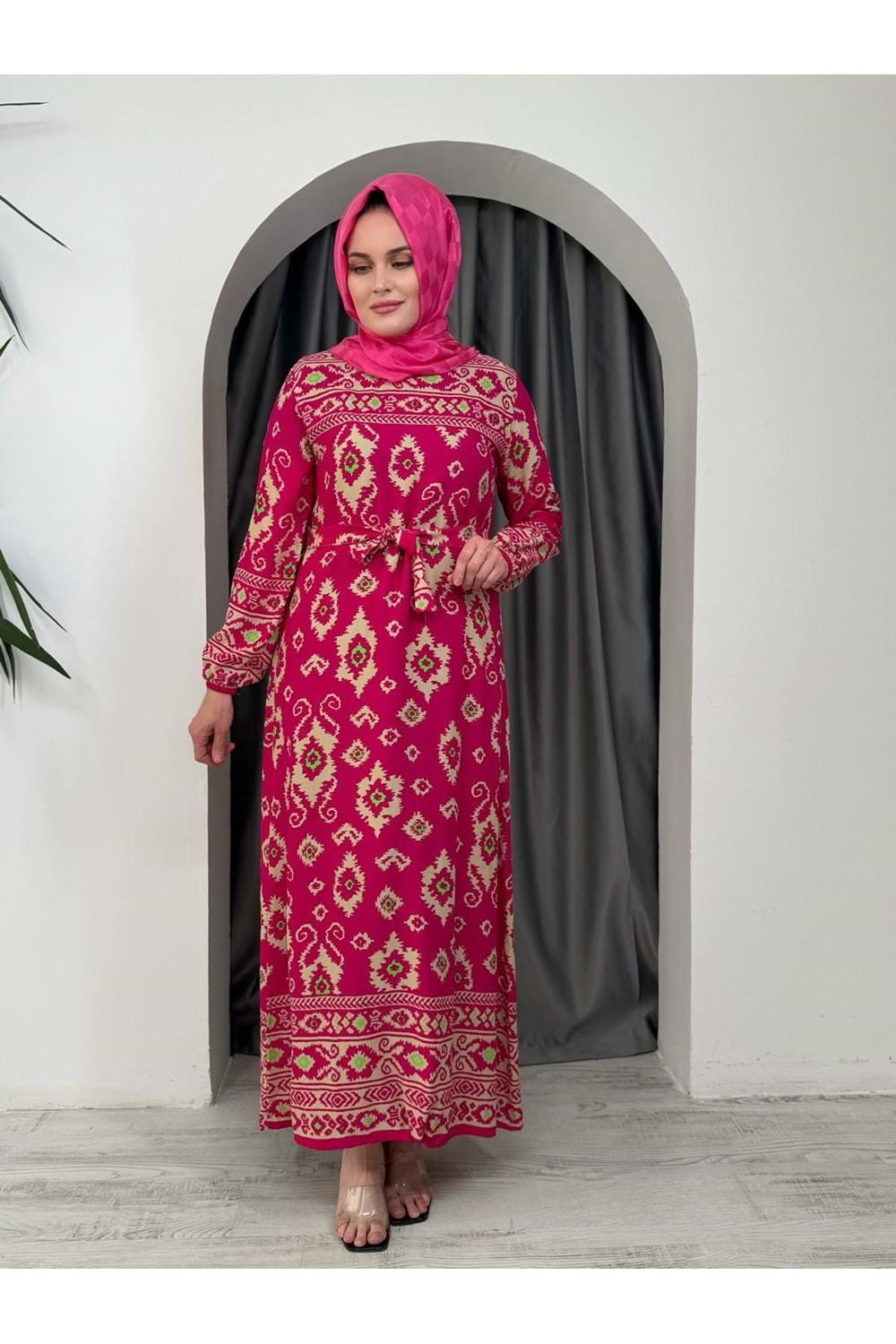 Damga Desen Elbise 15665 - Fuşya - 42-44