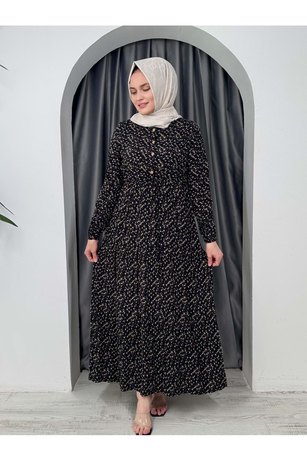 Minik Çiçek Desen Elbise 55455 - Gold - 38-40