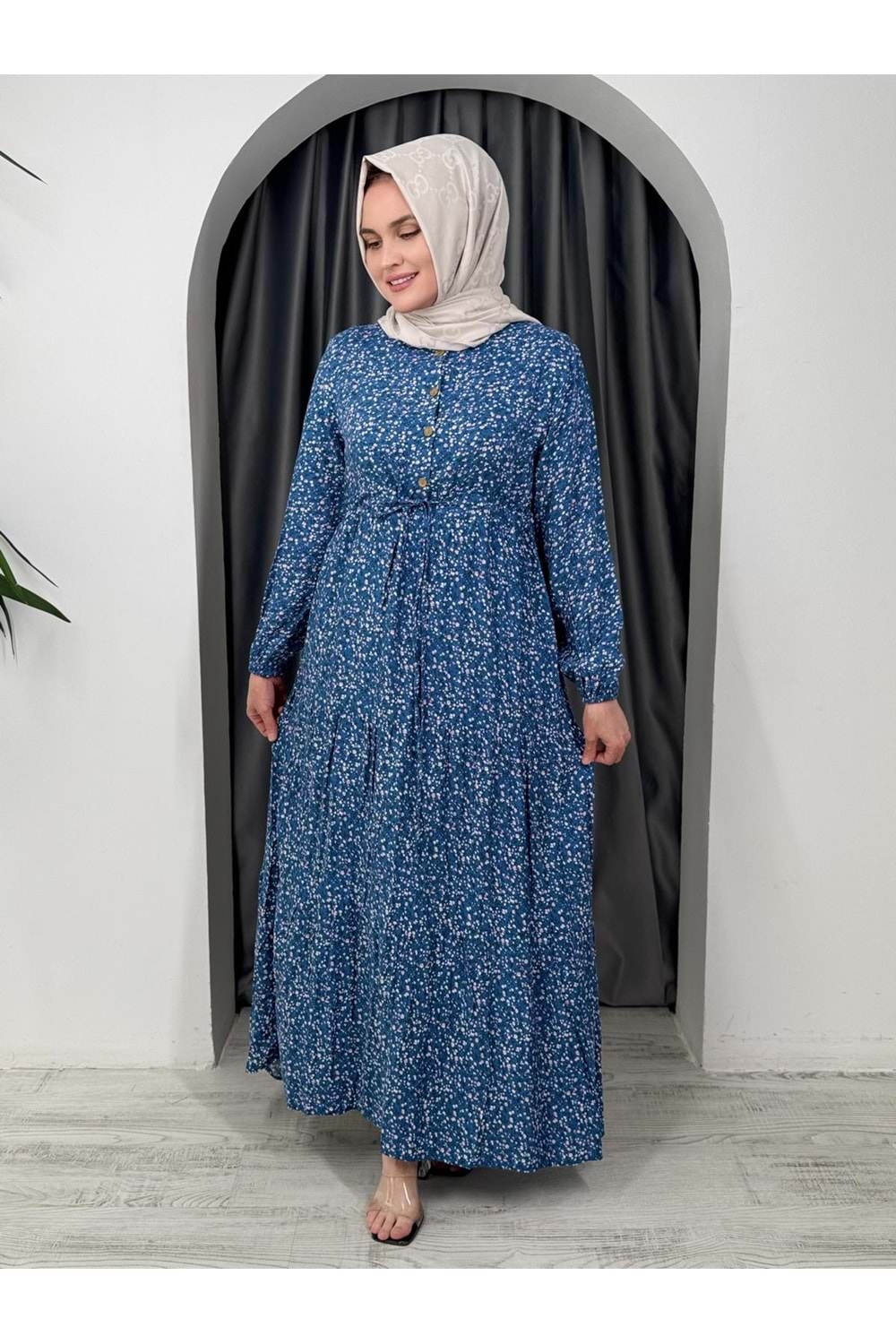 Minik Çiçek Desen Elbise 55455 - Mavi - 42-44
