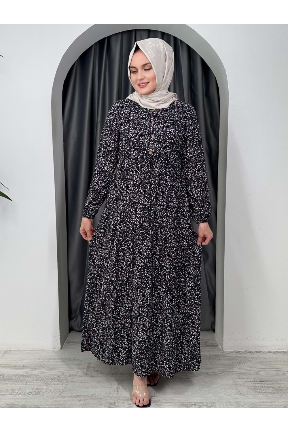 Minik Çiçek Desen Elbise 55455 - Siyah - 38-40