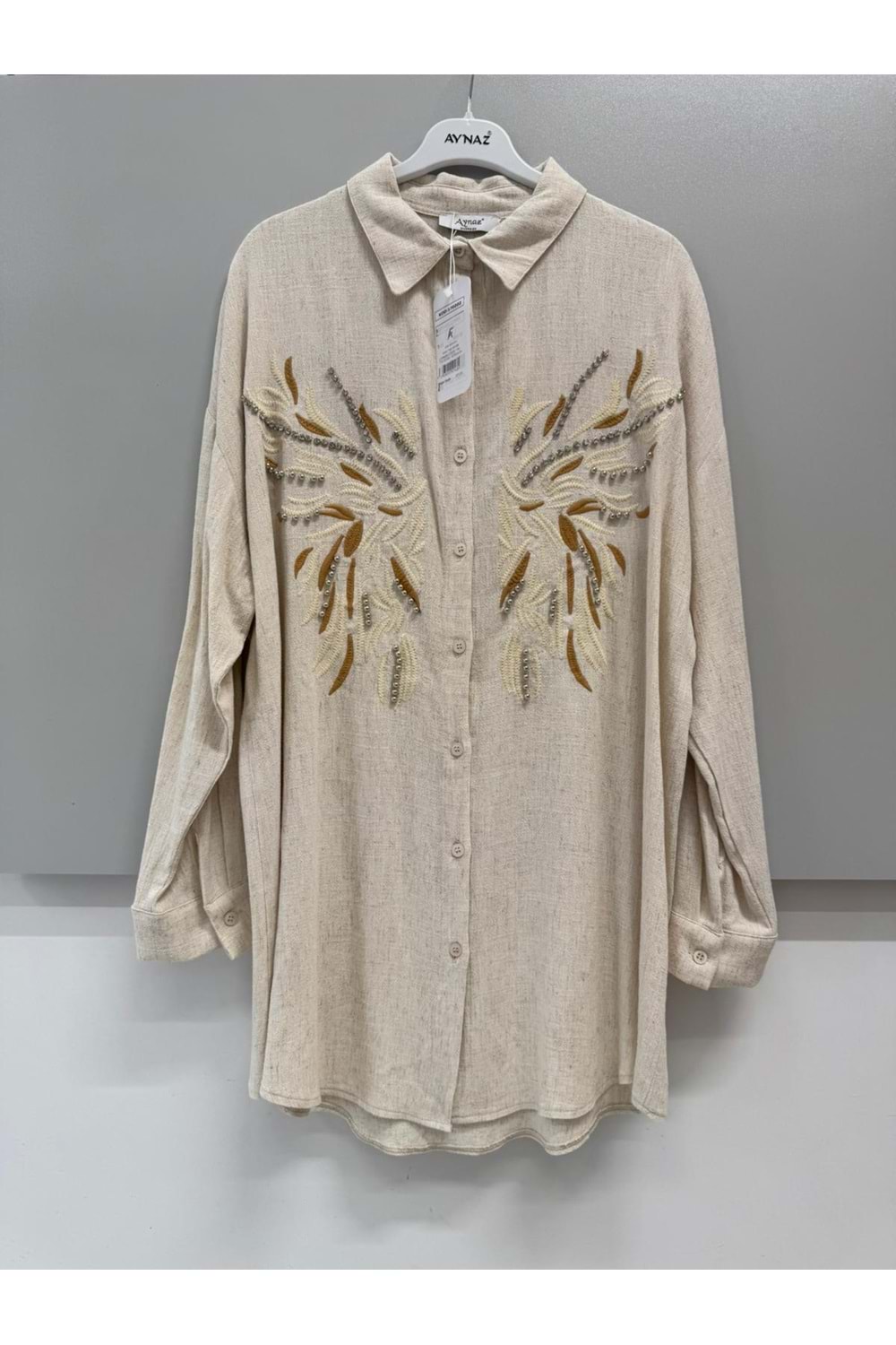 Keten Taşlı Gömlek Oversize 170202 - Bej - TEK BEDEN - AZRA06284-52052