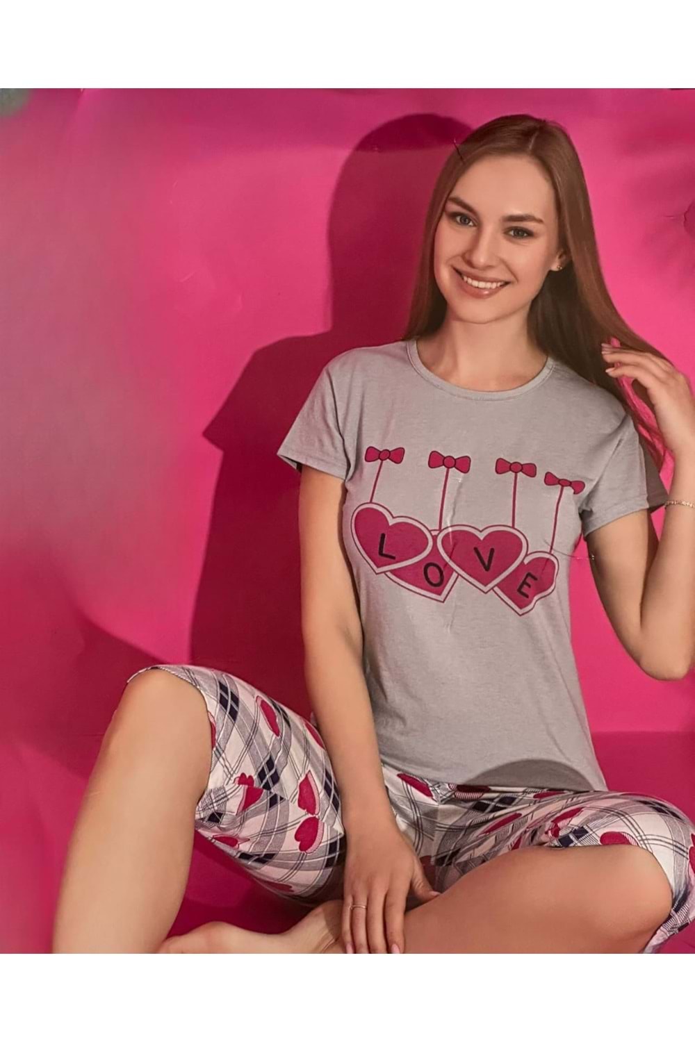 Kısa Kollu Desenli Pijama Takımı 0150 - Gri - L - AZRA06395-52840
