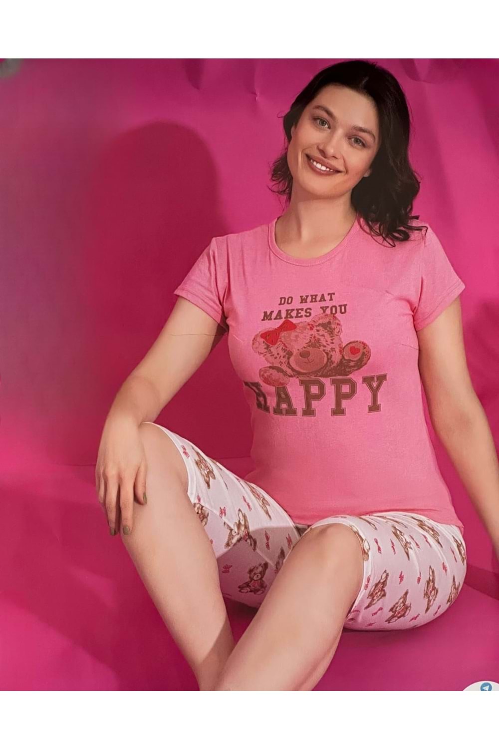 Kısa Kollu Desenli Pijama Takımı 0150 - Pembe - L - AZRA06395-52844