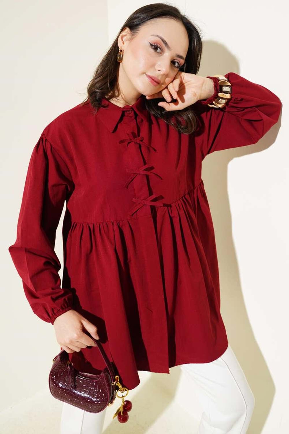 Fiyonklu Gömlek 786 - Bordo - L-XL - AZRA06413-53005