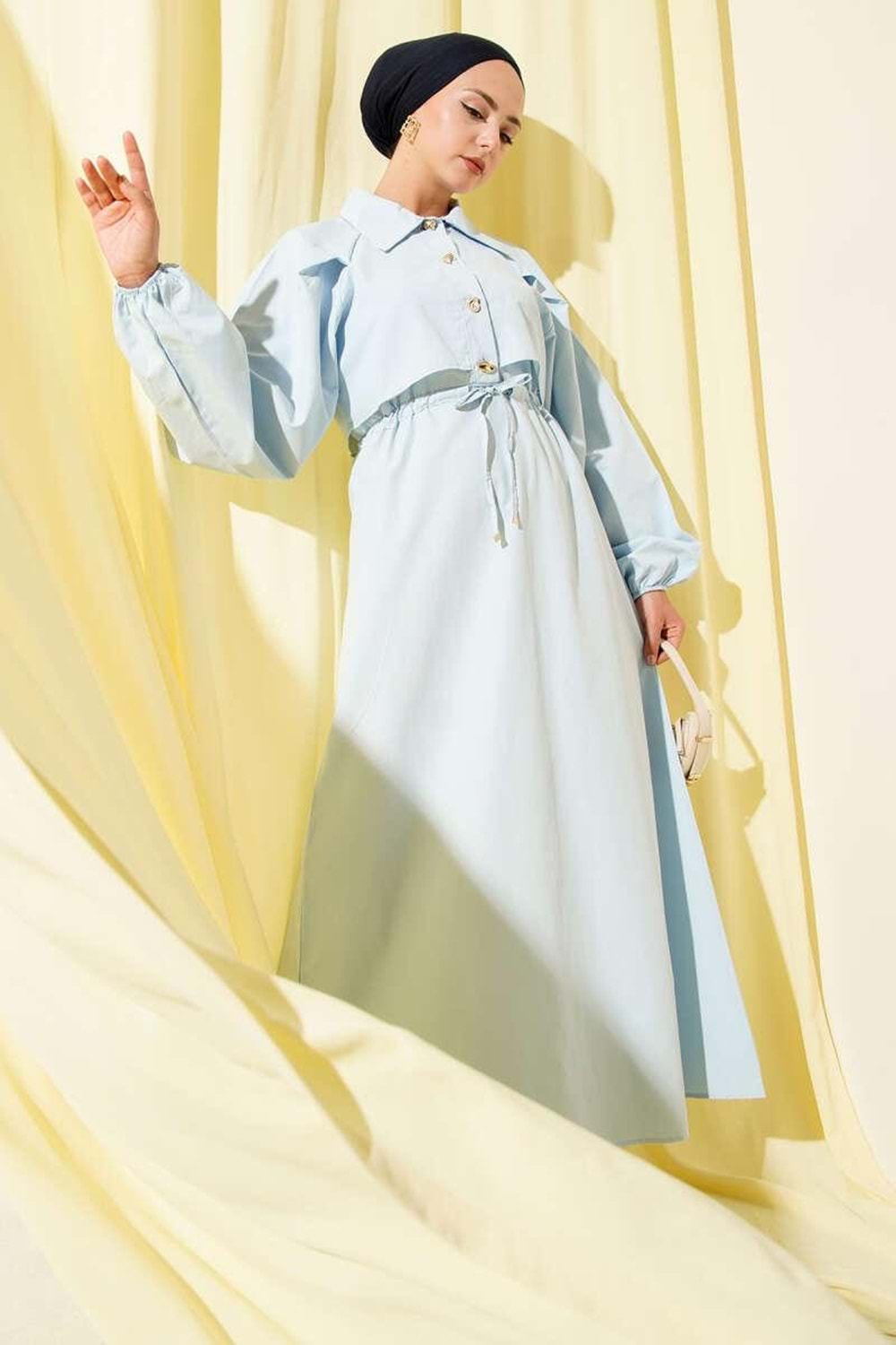 Poplin Trenç Smetrik Düğmeli Elbise 2403 - Mavi - L-XL - AZRA06417-53053