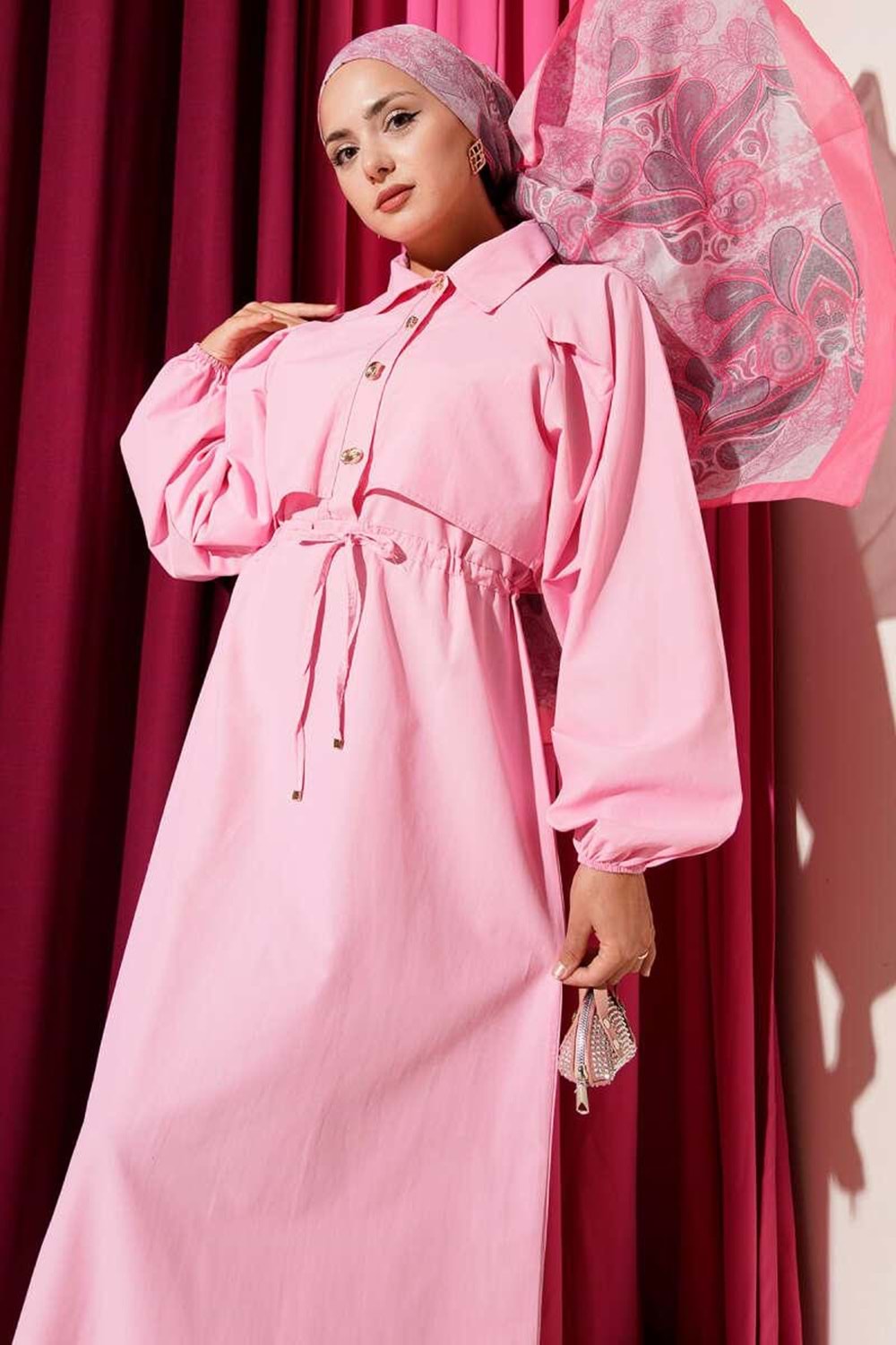Poplin Trenç Smetrik Düğmeli Elbise 2403 - Pembe - L-XL - AZRA06417-53055