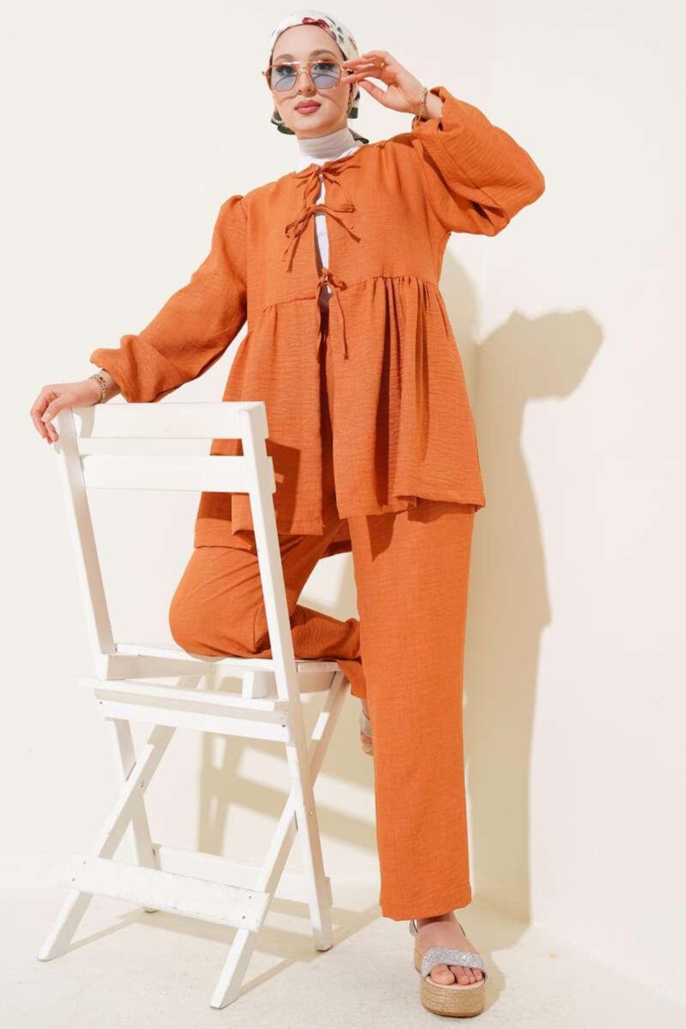 Bambu Keten Biyeli Pantolonlu Takım 3401 - azra fashion - Soğan Kabuğu - S-M