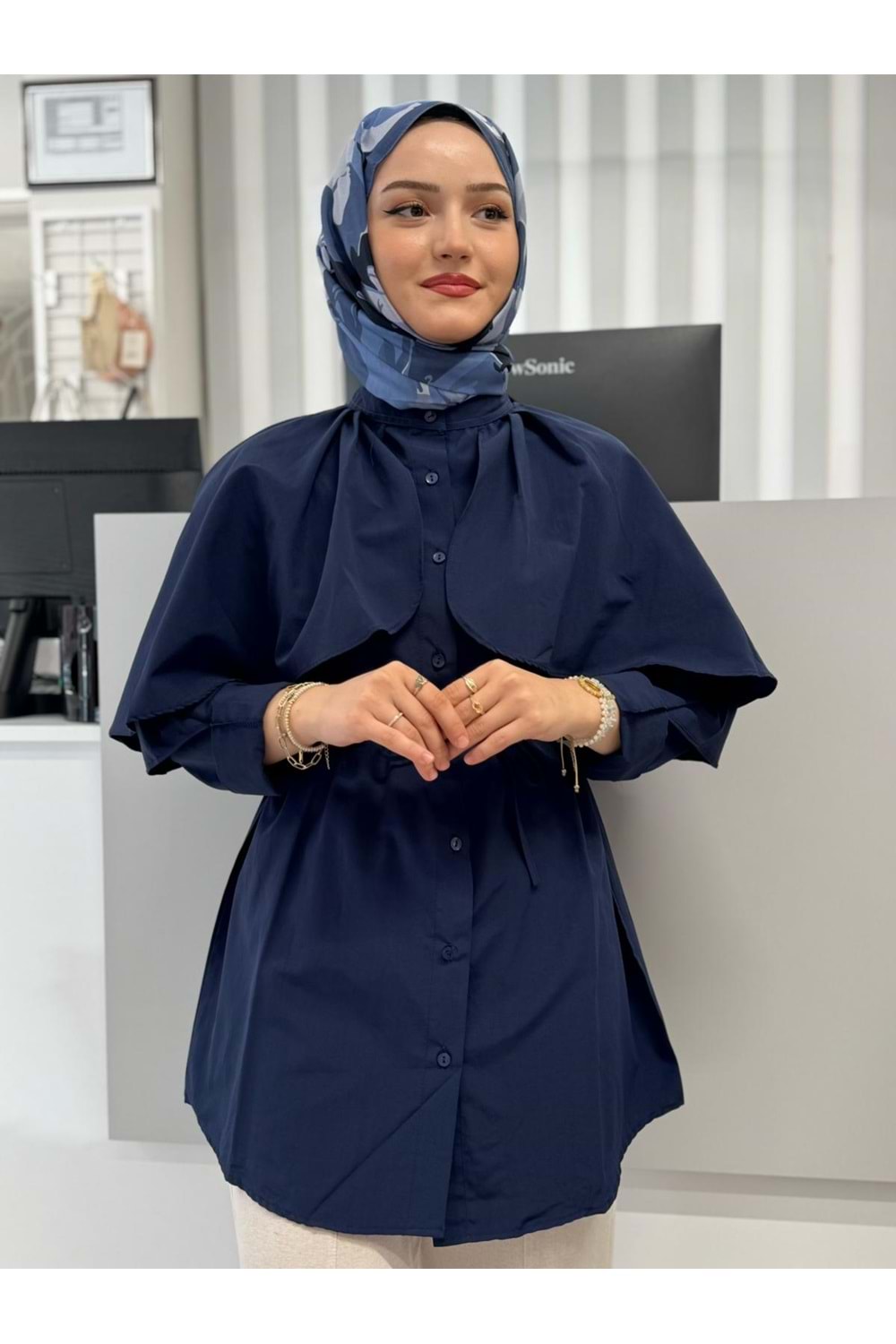 Poplin Pelerinli Bağçıklı Gömlek 782 - azra fashion - Lacivert - L-XL