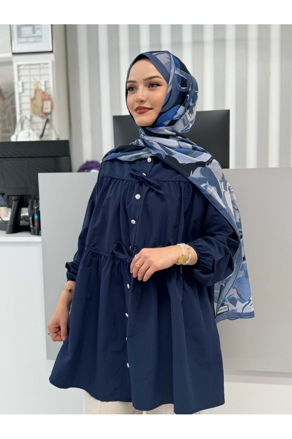 Poplin Biyeli Elmas Düğmeli Gömlek 799 - azra fashion - Lacivert - L-XL