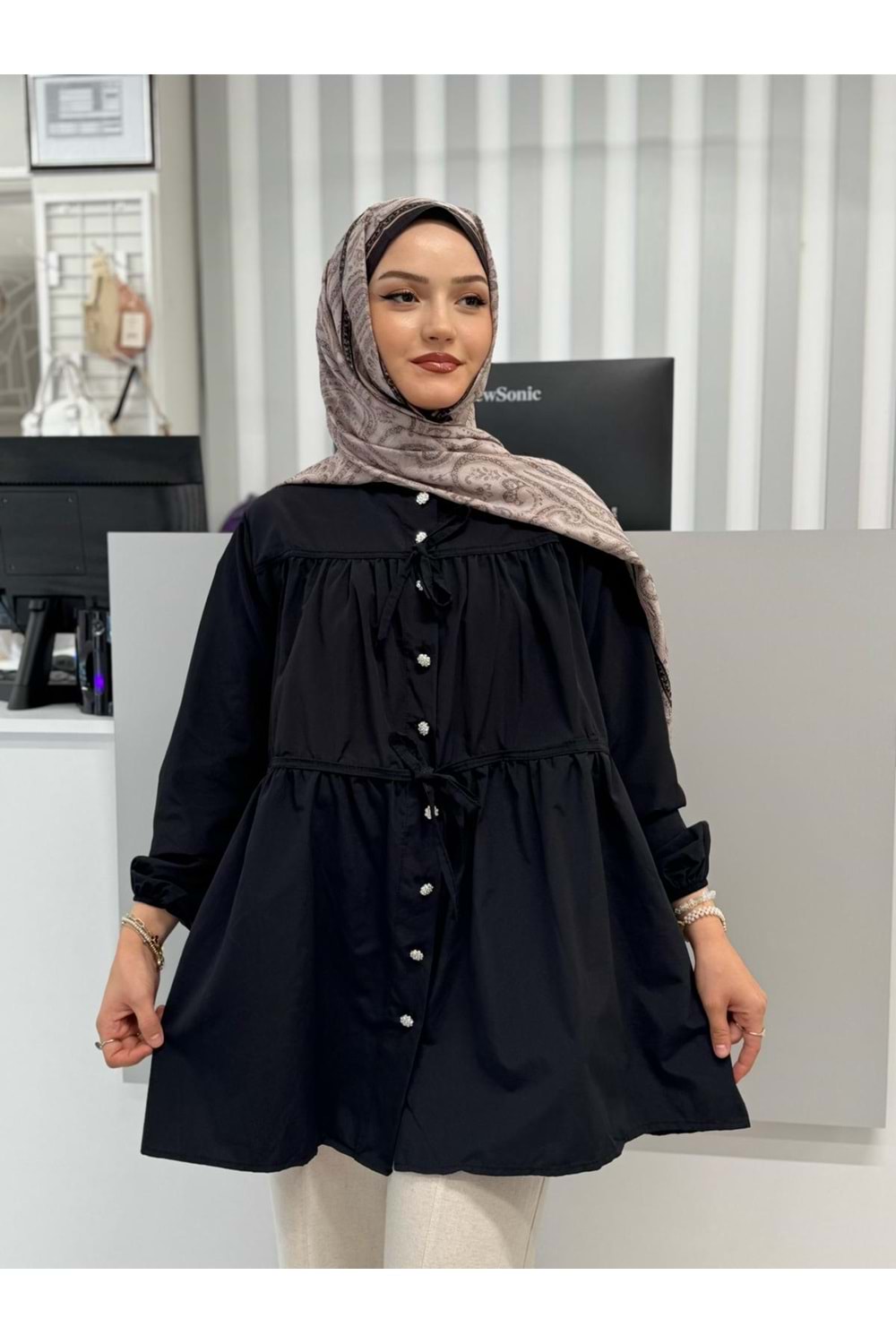Poplin Biyeli Elmas Düğmeli Gömlek 799 - azra fashion - Siyah - S-M