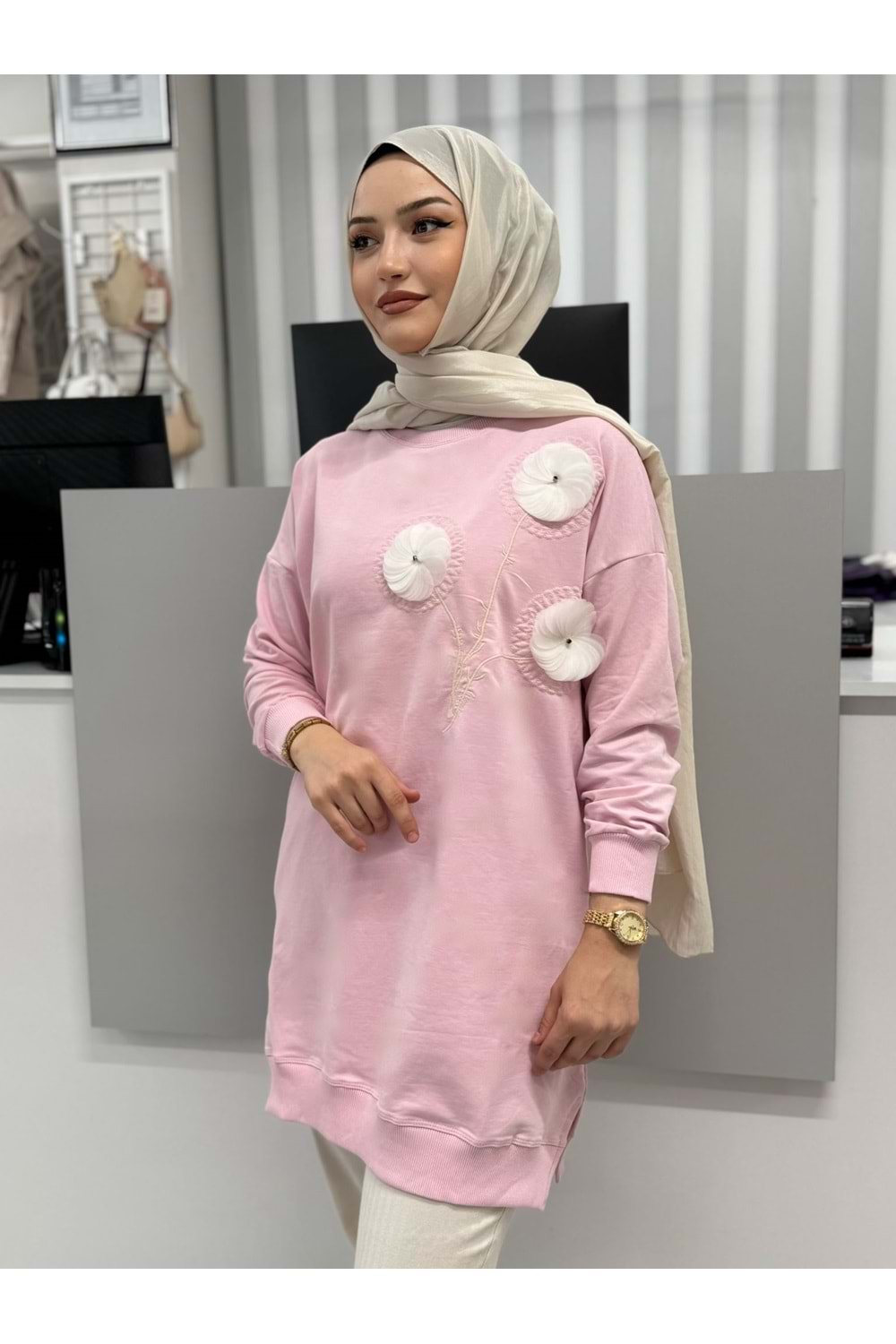 Nakışlı Çiçekli Tunik 26123 - Pembe - L-XL
