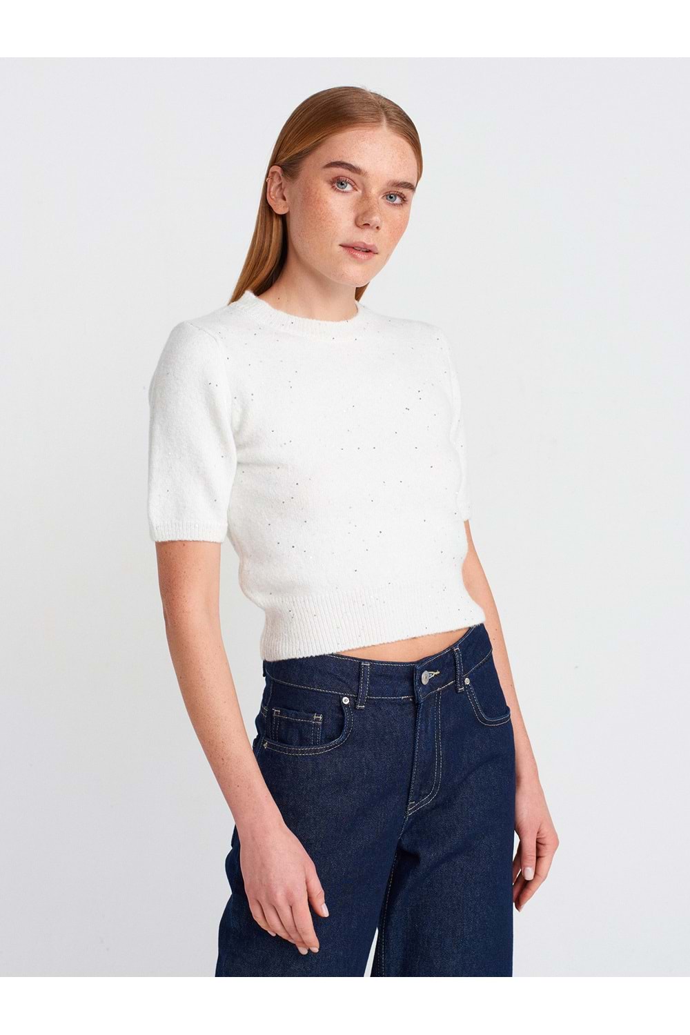 Bisiklet Yaka Pullu Simli Triko Kazak 10703 - Ekru - TEK BEDEN