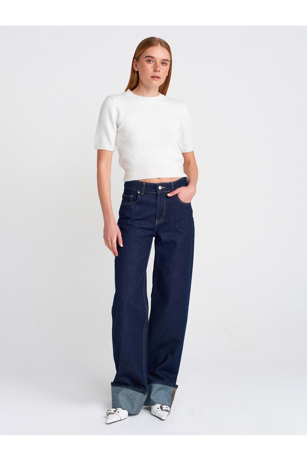 Bisiklet Yaka Pullu Simli Triko Kazak 10703 - Ekru - TEK BEDEN