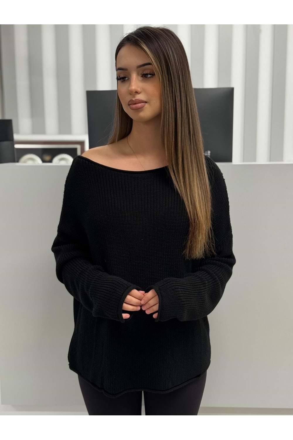 Kayık Yaka Basic Triko Kazak 10804 - Siyah - TEK BEDEN