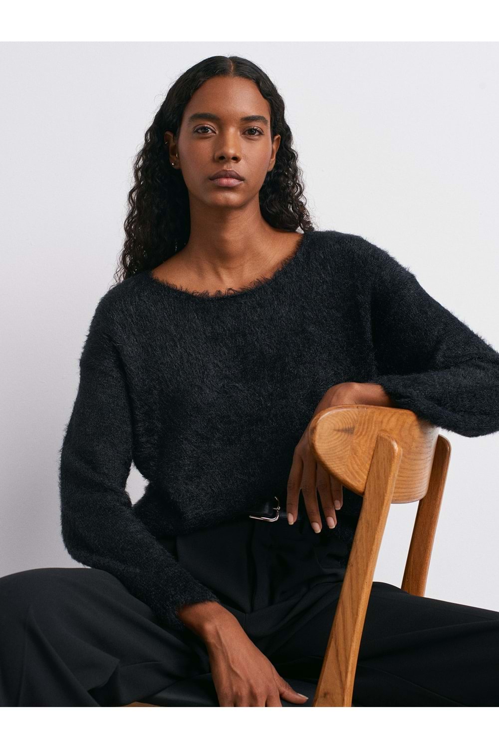 Kayık Yaka Yumuşak Dokulu Triko Kazak 10806 - Siyah - TEK BEDEN