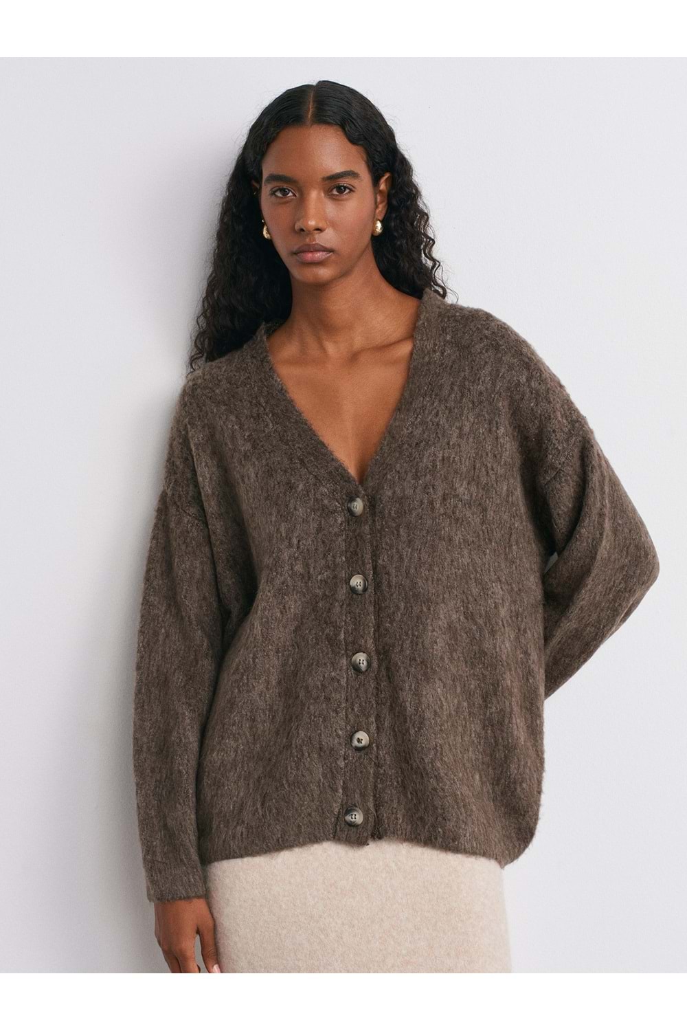 V Yaka Şardonlu Düğmeli Triko Hırka 60264 - Kahve Rengi - TEK BEDEN