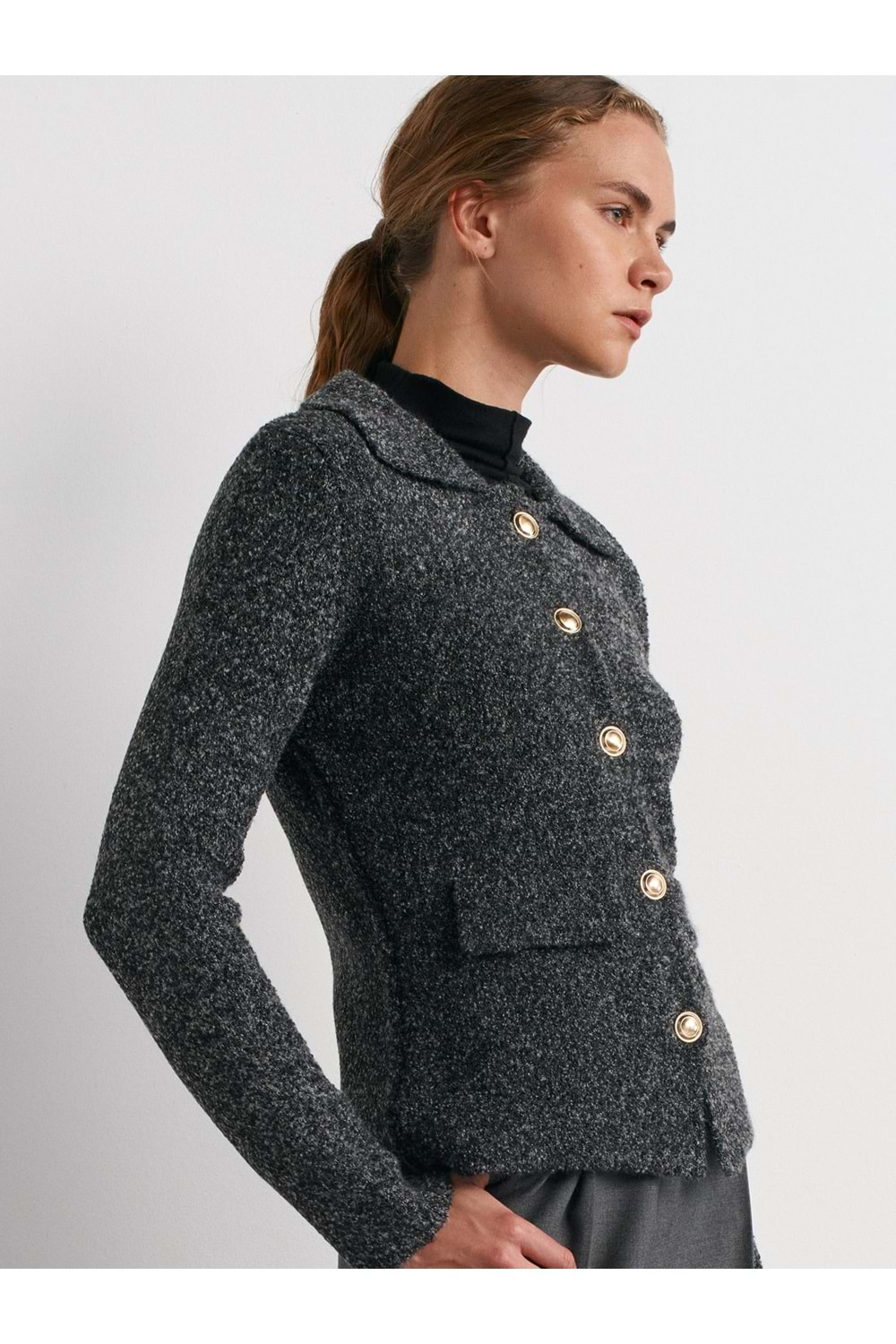 Polo Yaka Düğmeli Cep Detaylı Triko Hırka 60265 - Antrasit - TEK BEDEN