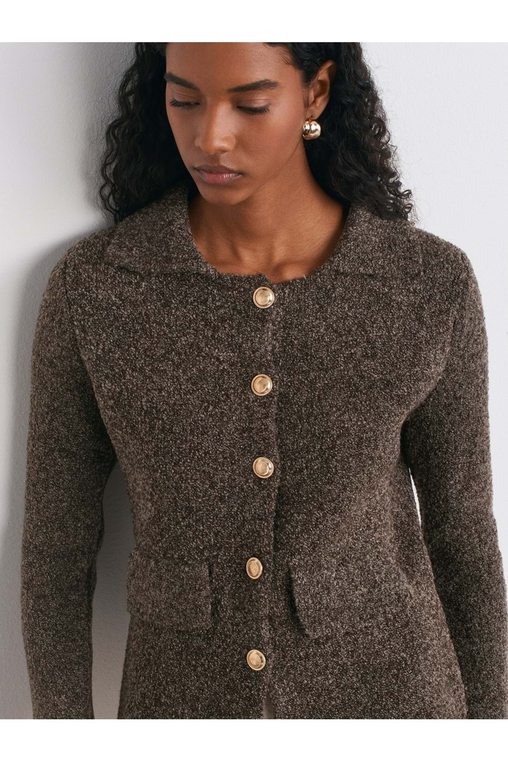 Polo Yaka Düğmeli Cep Detaylı Triko Hırka 60265 - Kahve Rengi - TEK BEDEN